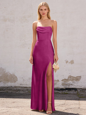 Satin Strapless Pleated Mermaid Maxi Bridesmaid Dresses with Slit