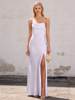Satin Strapless Pleated Mermaid Maxi Bridesmaid Dresses with Slit