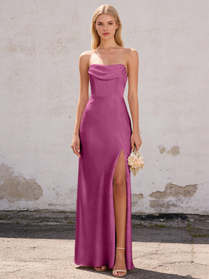 Satin Strapless Pleated Mermaid Maxi Bridesmaid Dresses with Slit