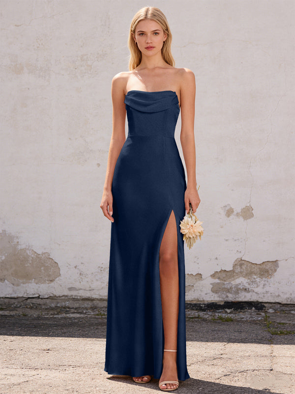 Satin Strapless Pleated Mermaid Maxi Bridesmaid Dresses with Slit