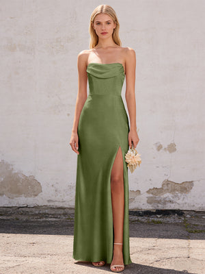 Satin Strapless Pleated Mermaid Maxi Bridesmaid Dresses with Slit