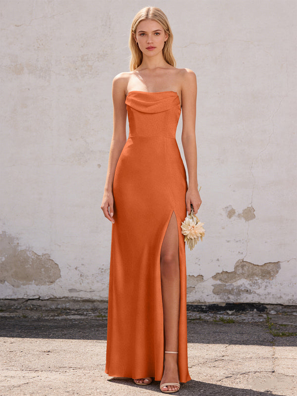Satin Strapless Pleated Mermaid Maxi Bridesmaid Dresses with Slit