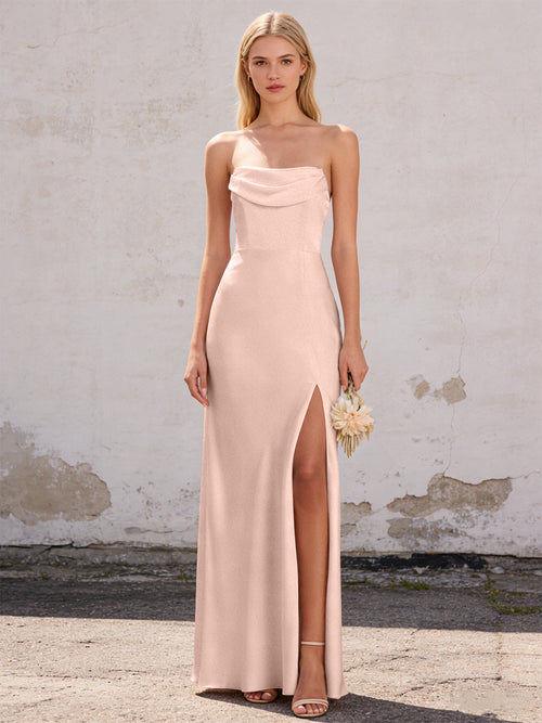 Satin Strapless Pleated Mermaid Maxi Bridesmaid Dresses with Slit