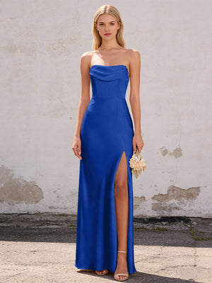 Satin Strapless Pleated Mermaid Maxi Bridesmaid Dresses with Slit