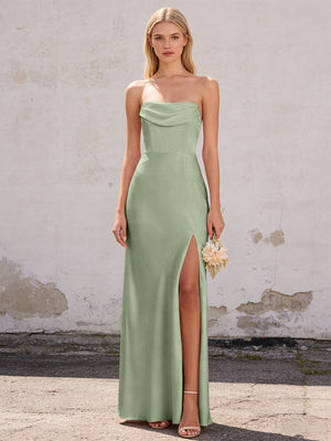 Satin Strapless Pleated Mermaid Maxi Bridesmaid Dresses with Slit