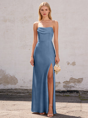 Satin Strapless Pleated Mermaid Maxi Bridesmaid Dresses with Slit