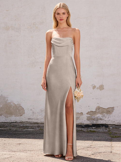 Satin Strapless Pleated Mermaid Maxi Bridesmaid Dresses with Slit