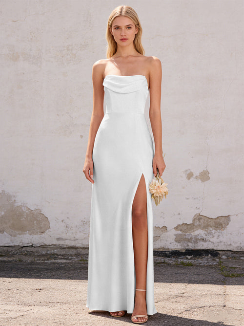 Satin Strapless Pleated Mermaid Maxi Bridesmaid Dresses with Slit