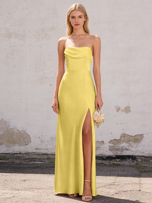 Satin Strapless Pleated Mermaid Maxi Bridesmaid Dresses with Slit