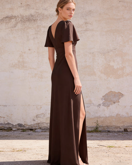 Chiffon Short Sleeves V Neck A Line Maxi Bridesmaid Dresses with Slit