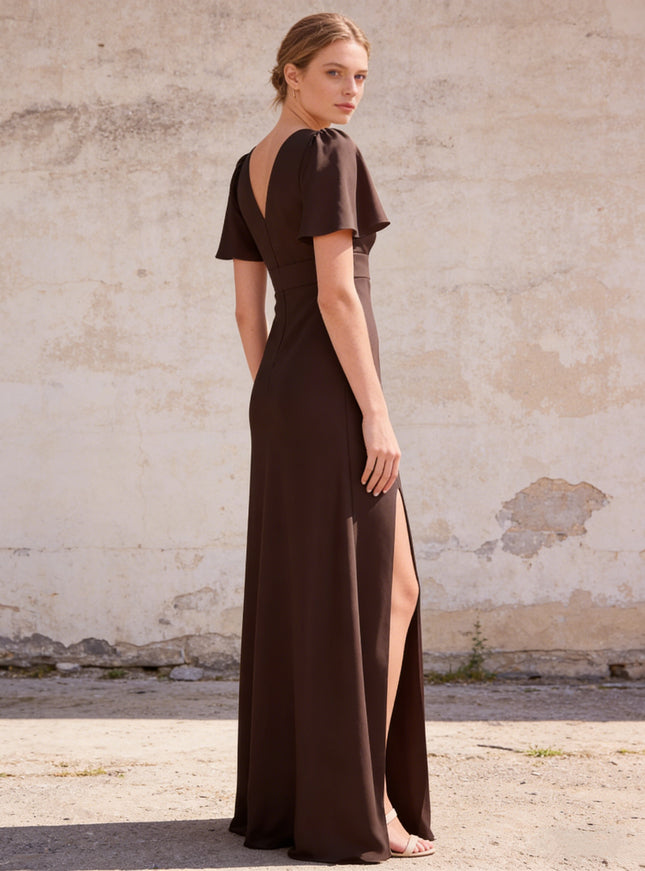 Chiffon Short Sleeves V Neck A Line Maxi Bridesmaid Dresses with Slit