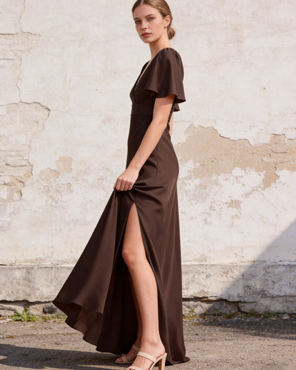 Chiffon Short Sleeves V Neck A Line Maxi Bridesmaid Dresses with Slit