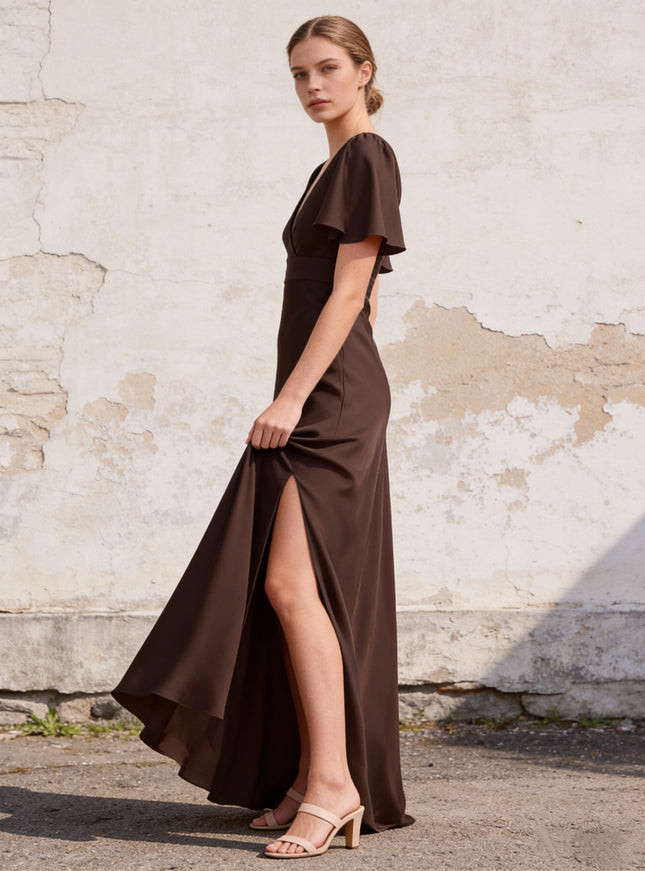 Chiffon Short Sleeves V Neck A Line Maxi Bridesmaid Dresses with Slit