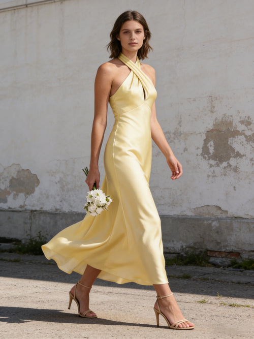 Satin Halter A Line Maxi Bridesmaid Dresses with Backless Design