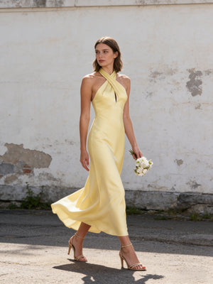 Satin Halter A Line Maxi Bridesmaid Dresses with Backless Design