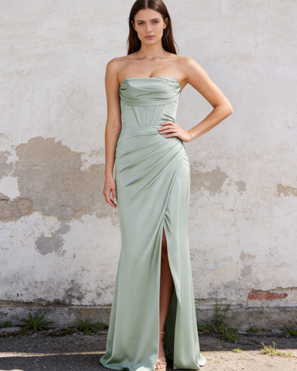Satin Strapless Pleated Corset Mermaid Maxi Bridesmaid Dresses with Slit