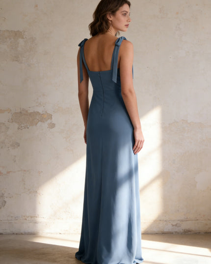 Satin Square Neck A Line Sleeveless Maxi Bridesmaid Dresses with Slit