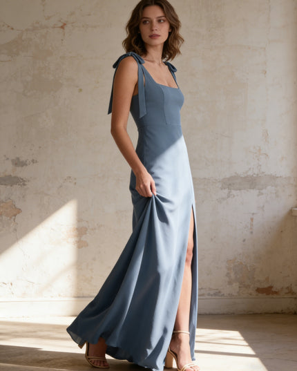 Satin Square Neck A Line Sleeveless Maxi Bridesmaid Dresses with Slit