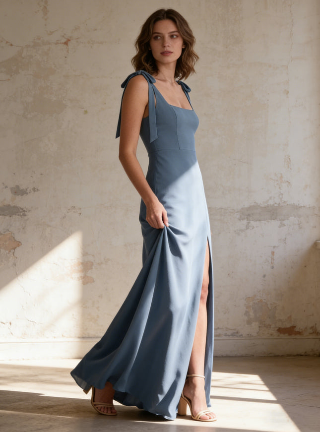 Satin Square Neck A Line Sleeveless Maxi Bridesmaid Dresses with Slit