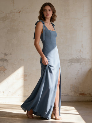 Satin Square Neck A Line Sleeveless Maxi Bridesmaid Dresses with Slit