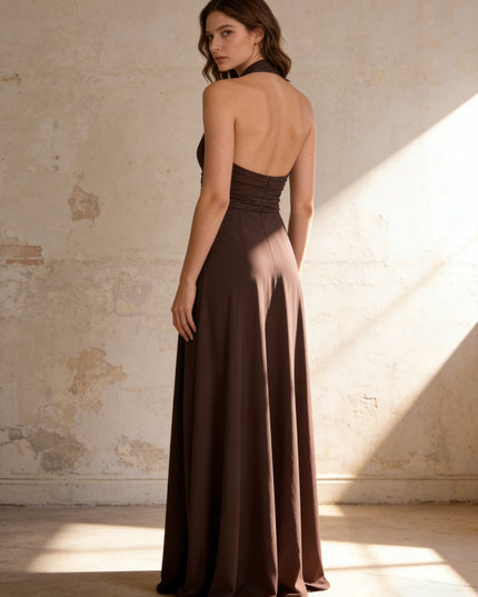 Chiffon Deep V Neck Pleated Halter Maxi Bridesmaid Dresses