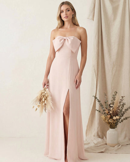 Satin Strapless High Slit Maxi Bridesmaid Dresses with Bow