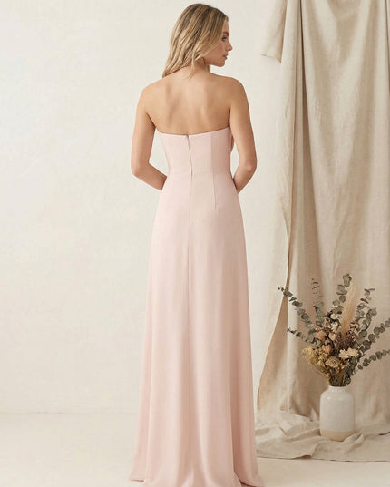 Satin Strapless High Slit Maxi Bridesmaid Dresses with Bow