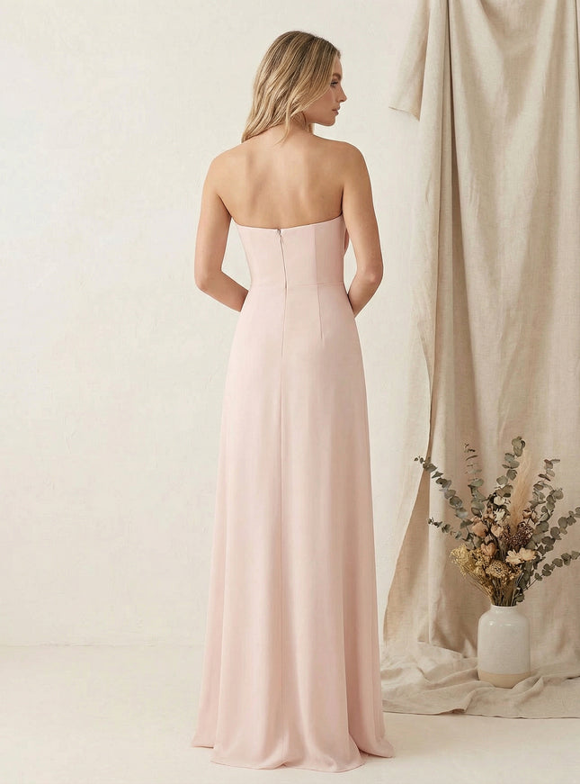 Satin Strapless High Slit Maxi Bridesmaid Dresses with Bow