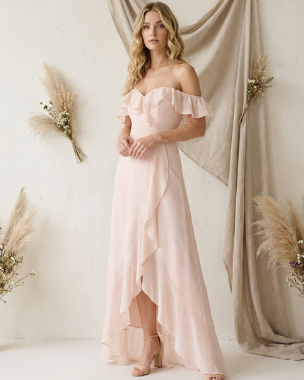 Ruffles Chiffon Off Shoulder Maxi Bridesmaid Dresses with Slit