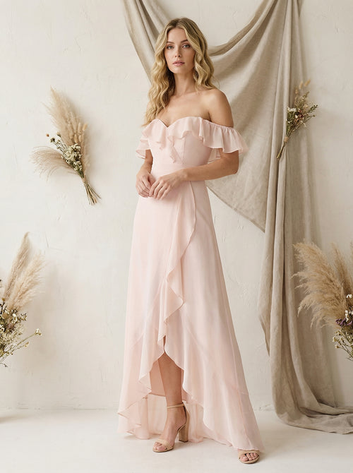 Ruffles Chiffon Off Shoulder Maxi Bridesmaid Dresses with Slit