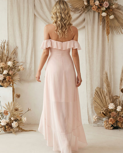 Ruffles Chiffon Off Shoulder Maxi Bridesmaid Dresses with Slit