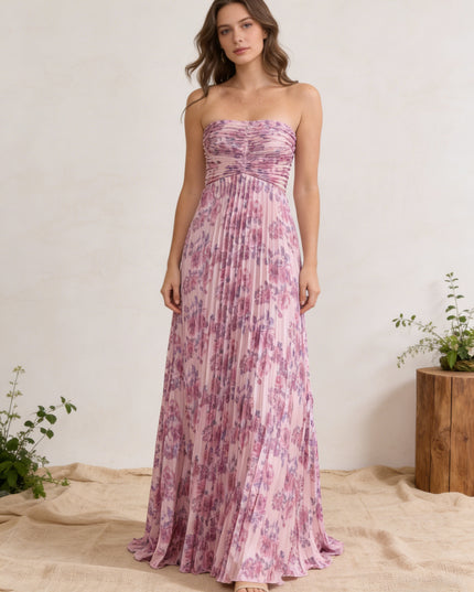 Chiffon Strapless Pleated Maxi Wedding Guest Dresses with Floral