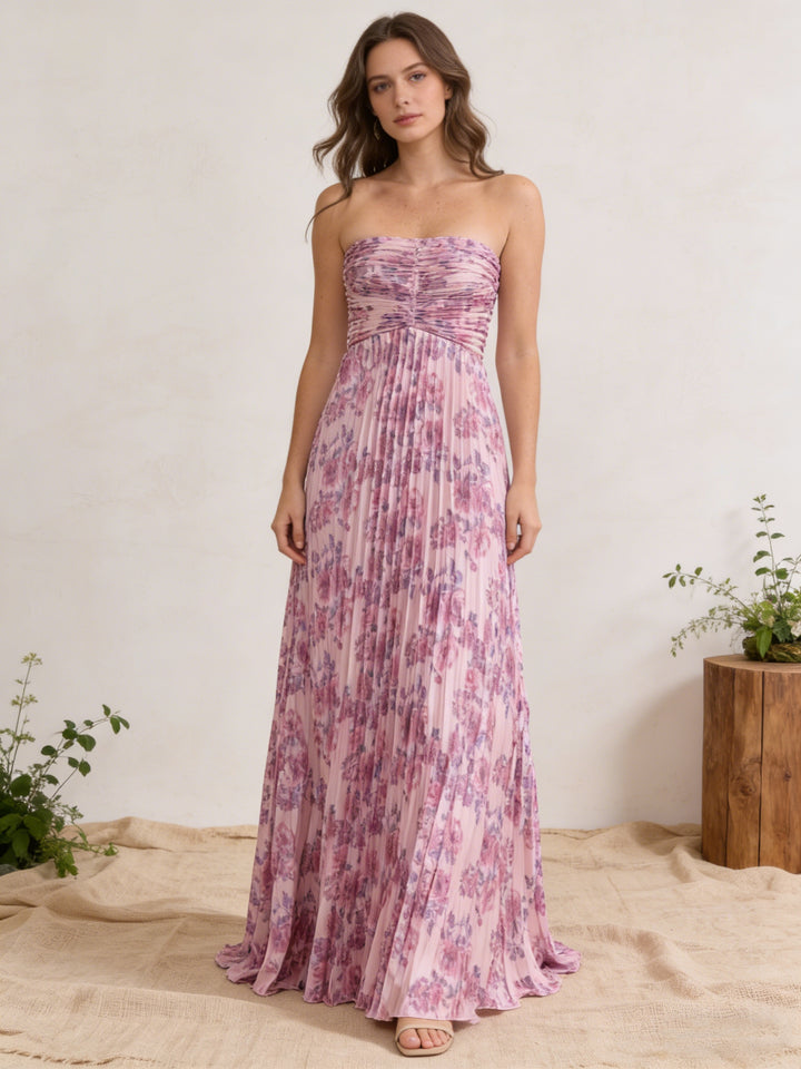 Chiffon Strapless Pleated Maxi Formal Dresses with Floral