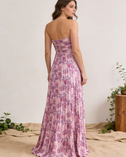 Chiffon Strapless Pleated Maxi Wedding Guest Dresses with Floral