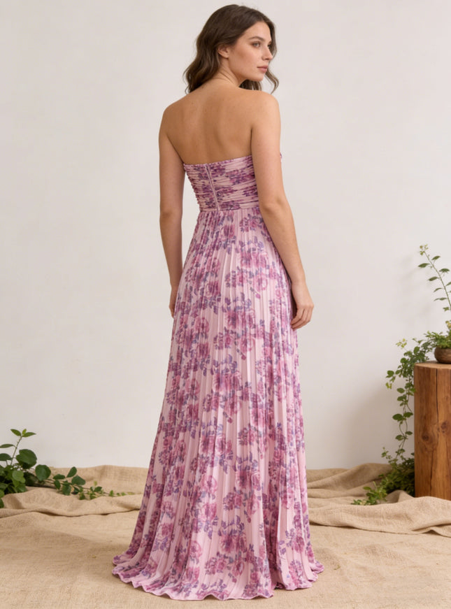 Chiffon Strapless Pleated Maxi Wedding Guest Dresses with Floral