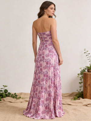 Chiffon Strapless Pleated Maxi Wedding Guest Dresses with Floral