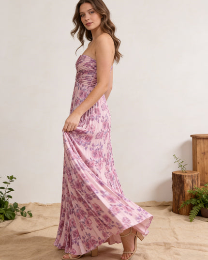 Chiffon Strapless Pleated Maxi Wedding Guest Dresses with Floral