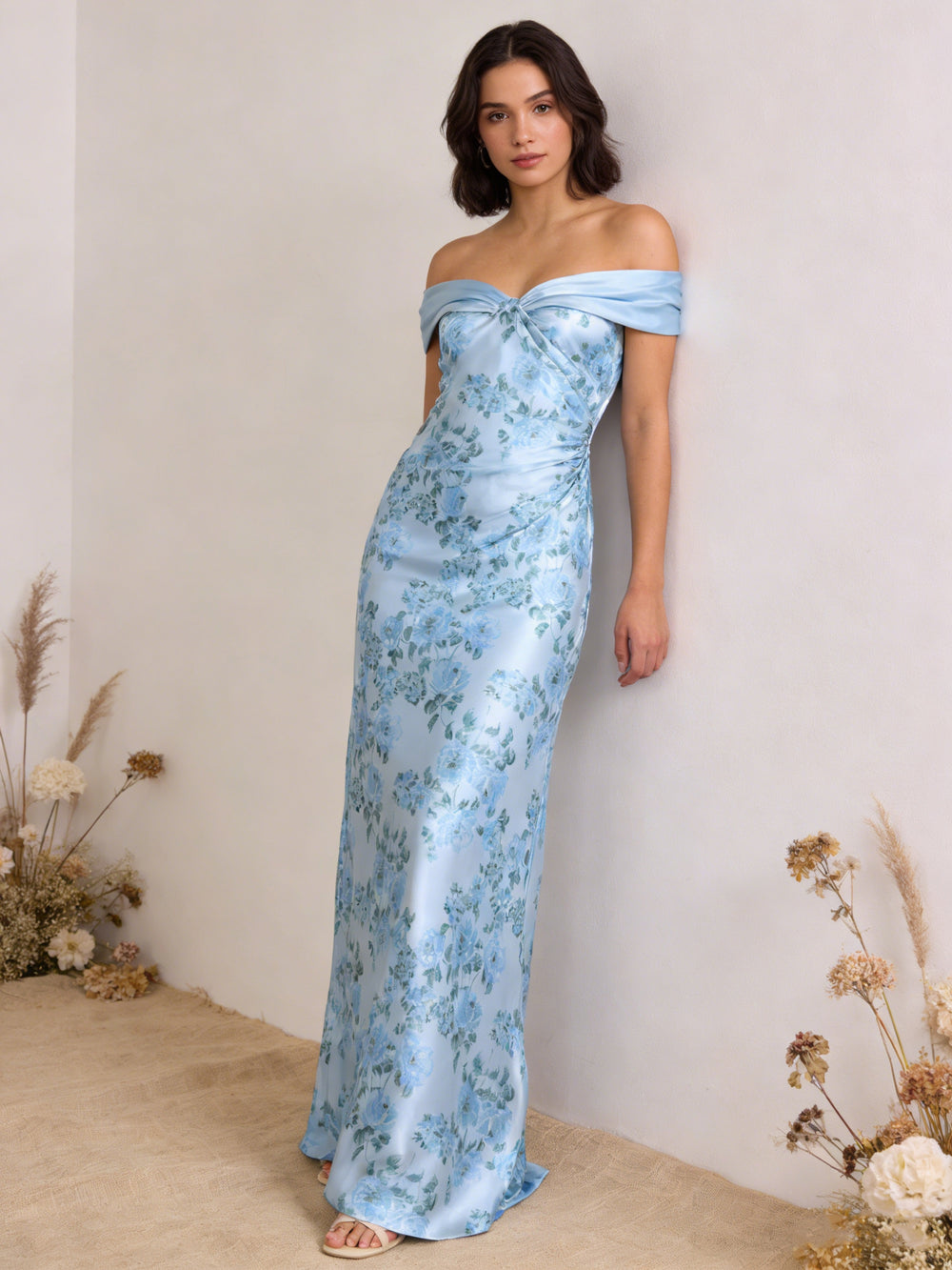 Satin Off Shoulder Mermaid Bridesmaid Dresses Maxi Wedding Guest Gowns with Floral