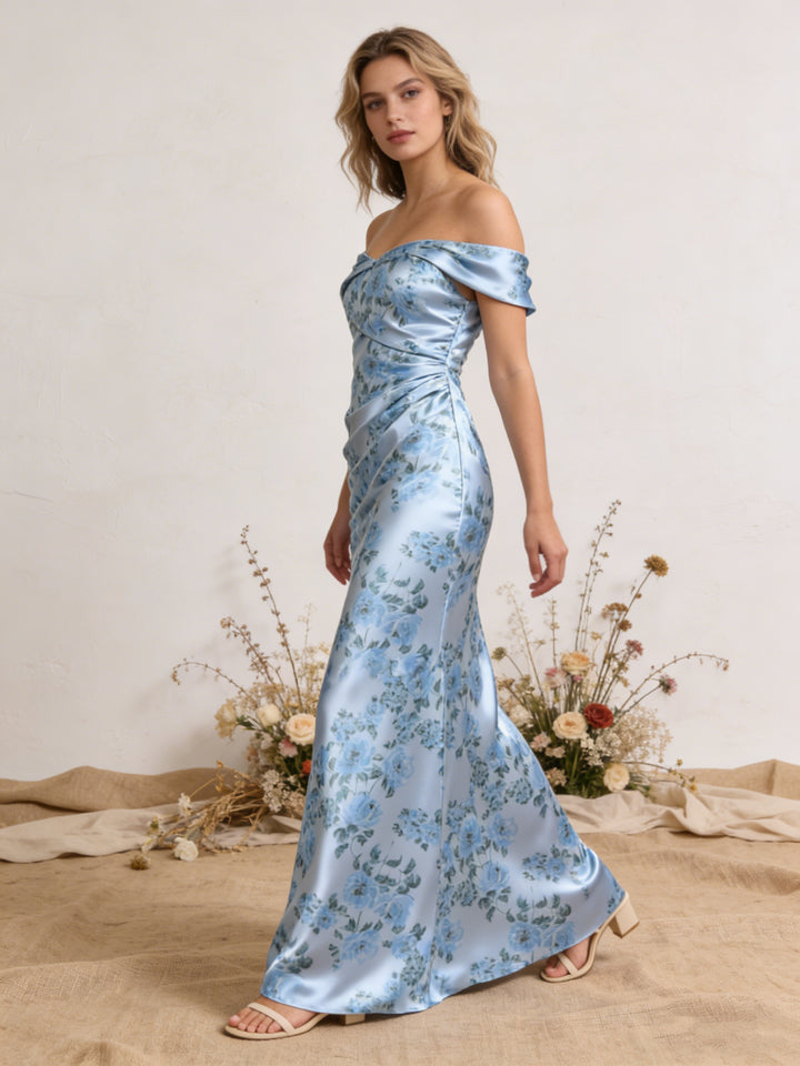Satin Off Shoulder Mermaid Bridesmaid Dresses Maxi Wedding Guest Gowns with Floral