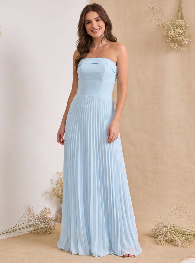 Chiffon Pleated Strapless A Line Maxi Bridesmaid Dresses