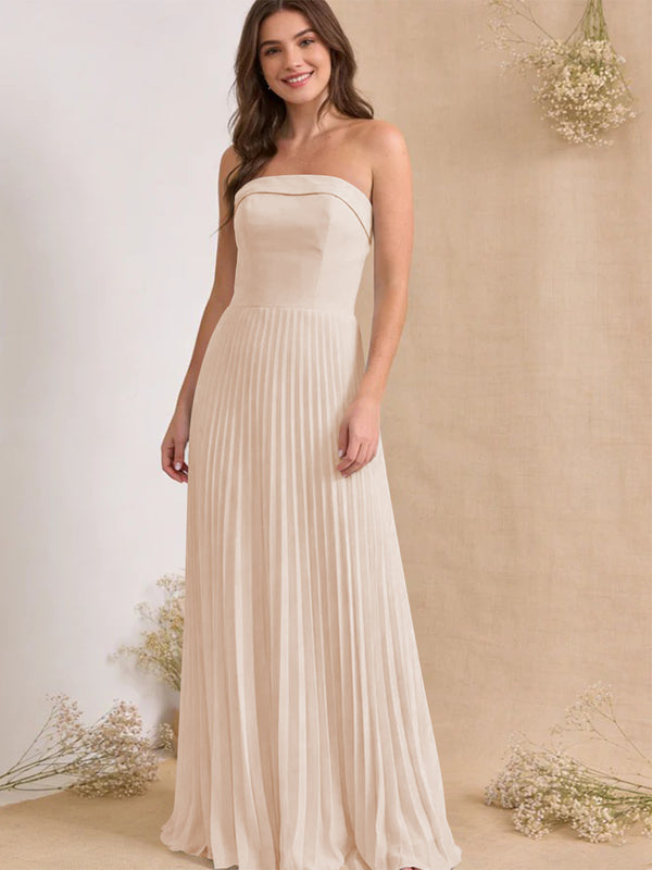 Chiffon Pleated Strapless A Line Maxi Bridesmaid Dresses