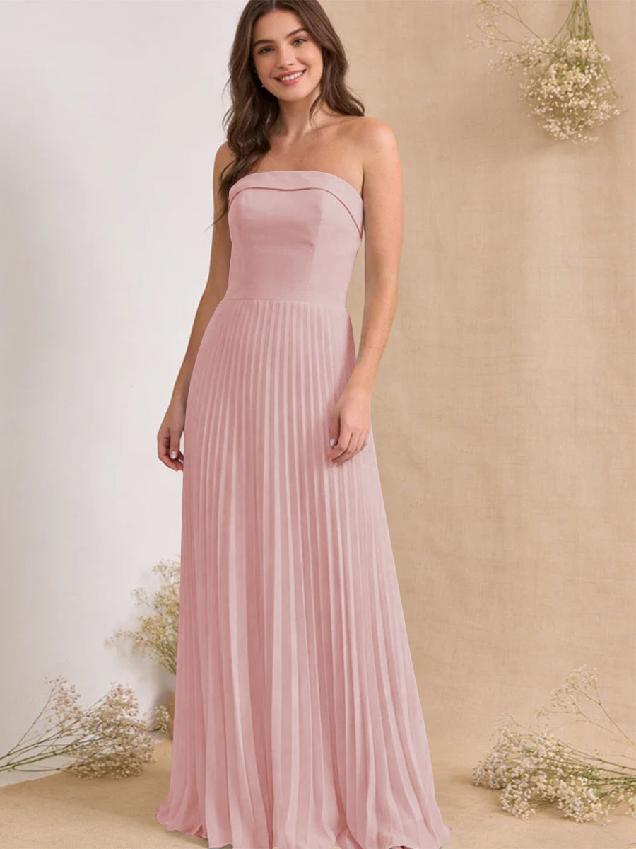Chiffon Pleated Strapless A Line Maxi Bridesmaid Dresses