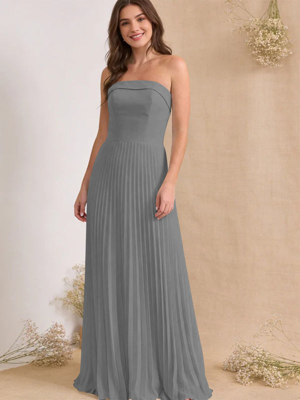 Chiffon Pleated Strapless A Line Maxi Bridesmaid Dresses