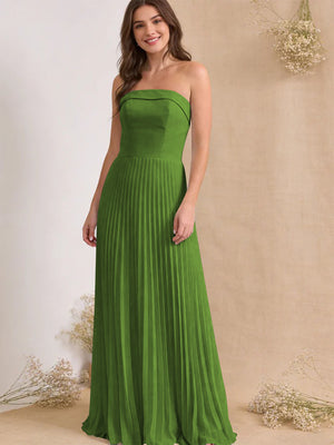 Chiffon Pleated Strapless A Line Maxi Bridesmaid Dresses