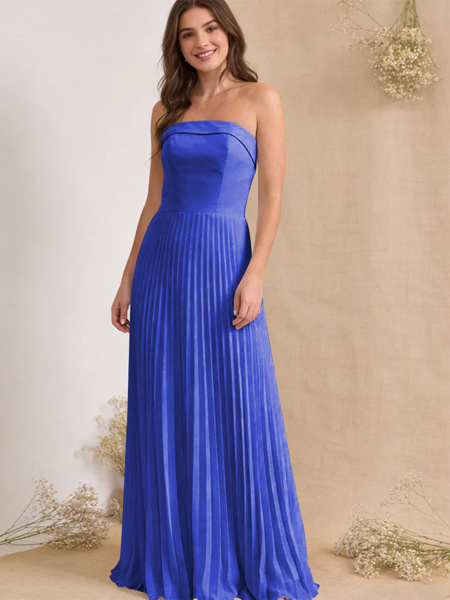 Chiffon Pleated Strapless A Line Maxi Bridesmaid Dresses