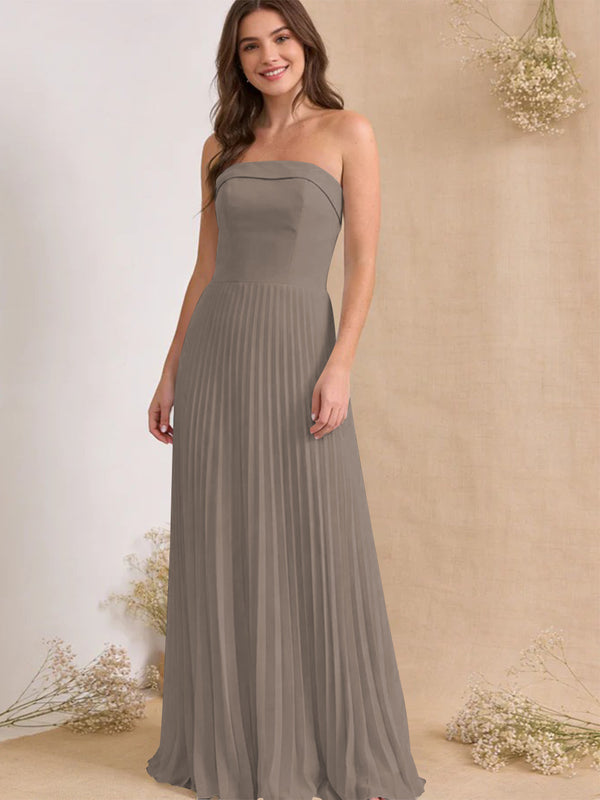 Chiffon Pleated Strapless A Line Maxi Bridesmaid Dresses