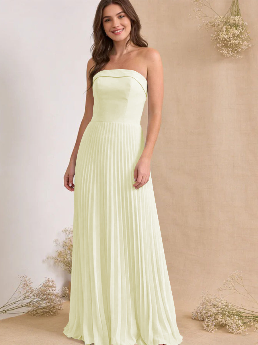Chiffon Pleated Strapless A Line Maxi Bridesmaid Dresses