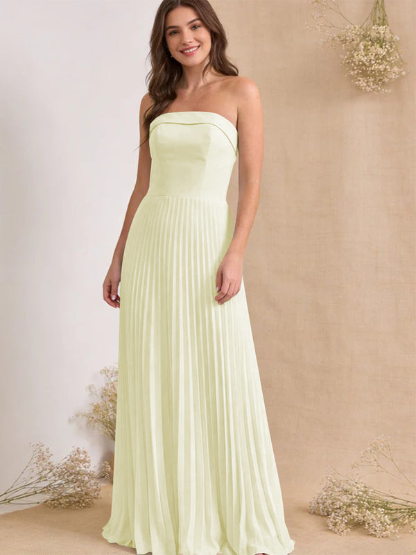 Chiffon Pleated Strapless A Line Maxi Bridesmaid Dresses
