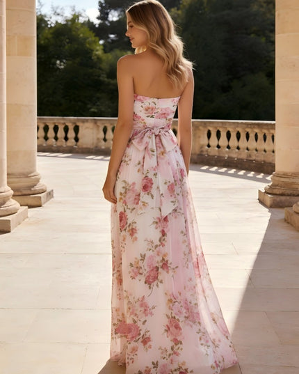 Strapless Pleated Floral Print A Line Wedding Guest Dresses