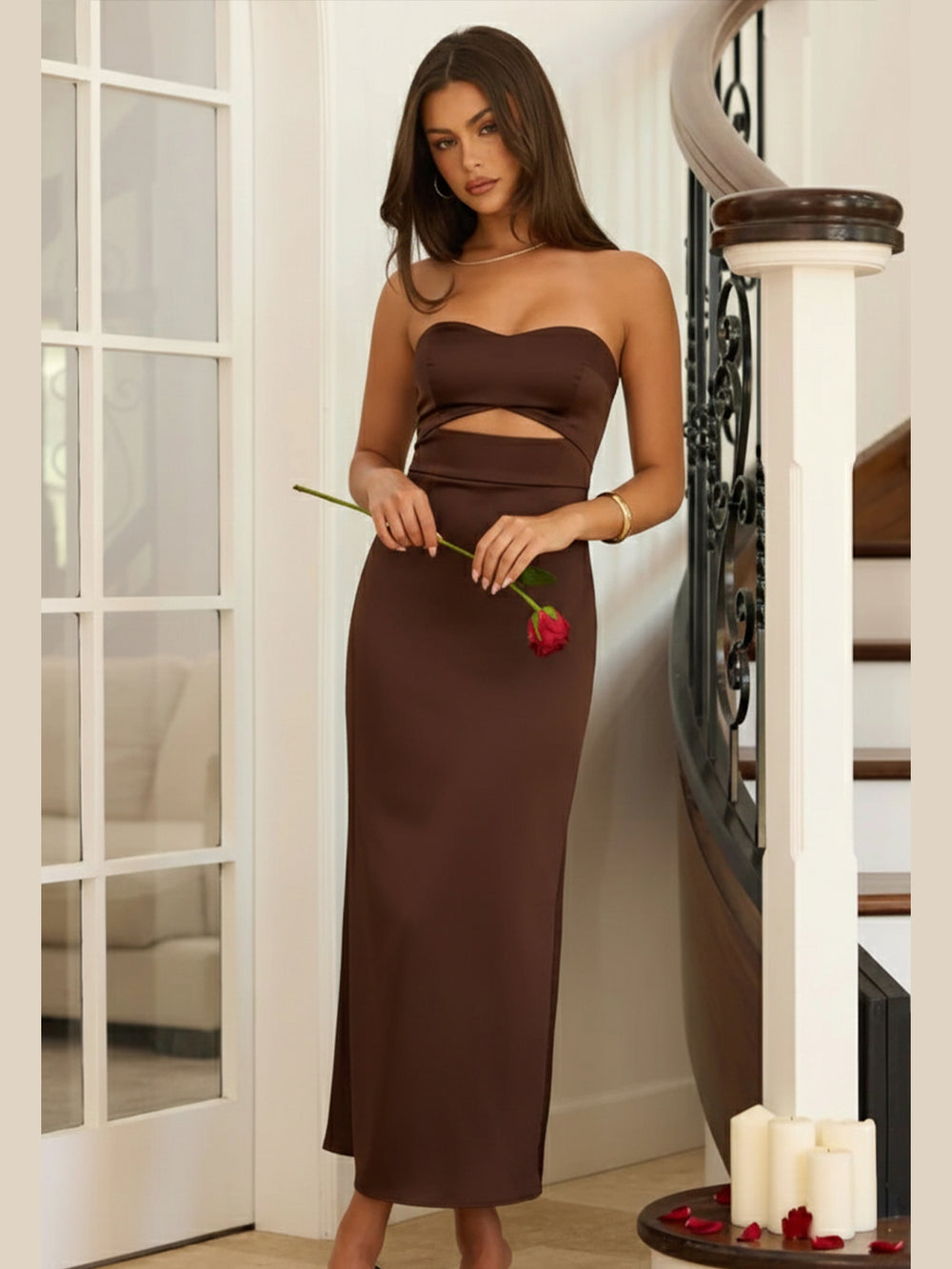 Strapless Tea Length Satin Cut Out Sheath Pleated Bridesmaid Dresses